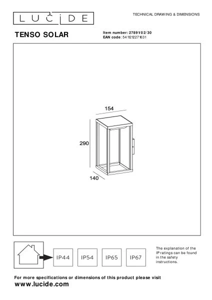 Lucide TENSO SOLAR - Wall light Indoor/Outdoor - LED - 1x2,2W 3000K - IP54 - Motion & Day/Night Sensor - Anthracite - technical